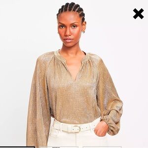 Loft Petite Metallic Pleated Split Neck Top